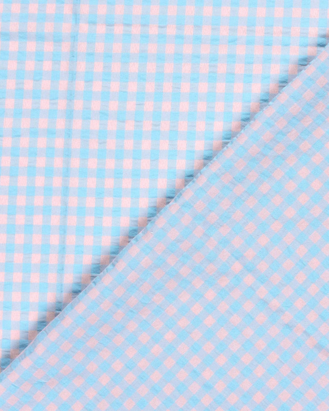 Tissu Seersucker Vichy Bleu Ciel Rose Nude - Mercerine
