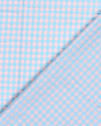 Tissu Seersucker Vichy Bleu Ciel Rose Nude - Mercerine