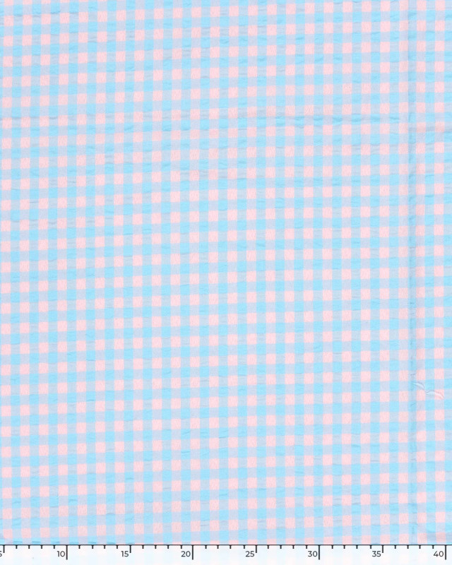 Tissu Seersucker Vichy Bleu Ciel Rose Nude - Mercerine