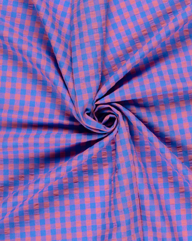 Tissu Seersucker Vichy Bleu Fuschia  - Mercerine