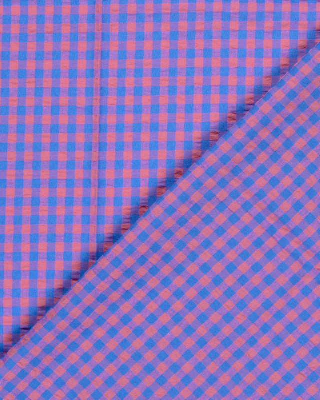 Tissu Seersucker Vichy Bleu Fuschia  - Mercerine