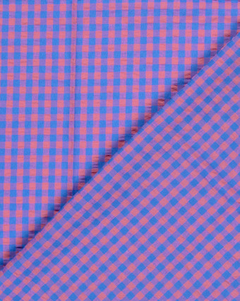Tissu Seersucker Vichy Bleu Fuschia  - Mercerine