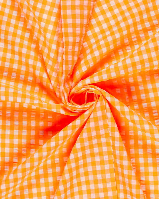 Tissu Seersucker Vichy Orange Fluo - Mercerine