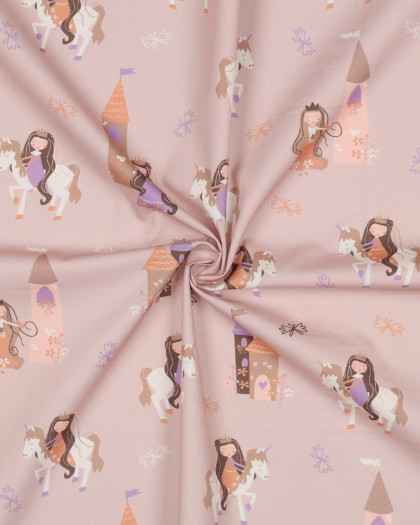 Popeline de Coton Princesse Licorne Beige Rosé - Mercerine