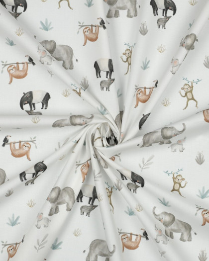 Popeline de Coton Ecru Animaux Jungle  - Mercerine