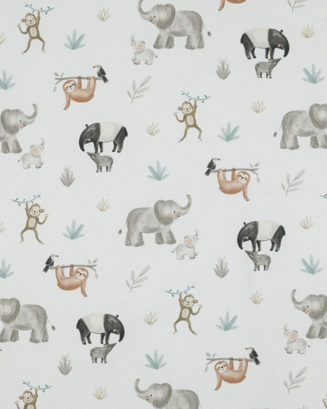 Popeline de Coton Ecru Animaux Jungle  - Mercerine