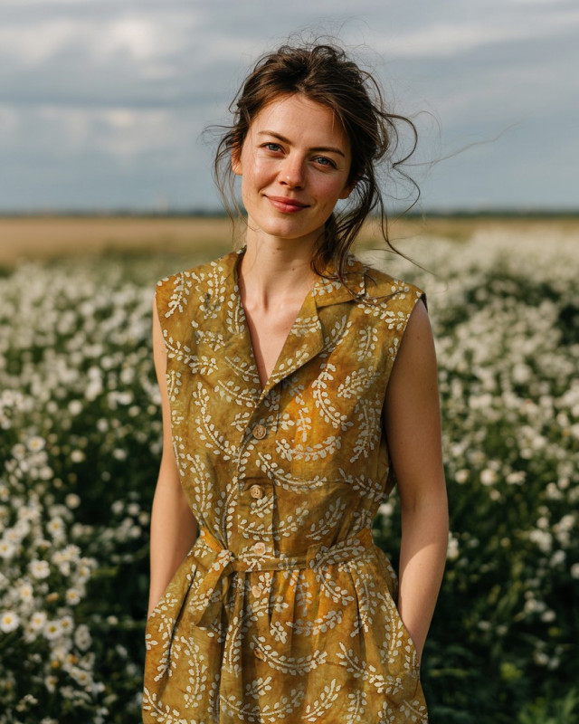 Coton Batik Ocre Motif Epis de Blé  - Mercerine
