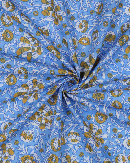 Tissu Indien Coton Bock Print Bleu Ciel Motif Fleuri  - Mercerine
