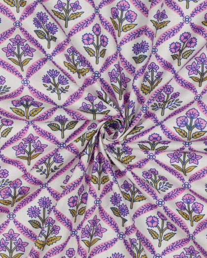 Tissu Indien Coton Bock Print Motif Fleuri Rose Bonbon - Mercerine