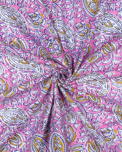 Tissu Indien Coton Bock Print Rose Bonbon Motif Floral - Mercerine