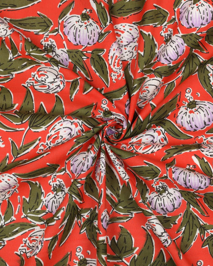 Tissu Indien Coton Bock Print Tangerine Motif Floral Indien - Mercerine