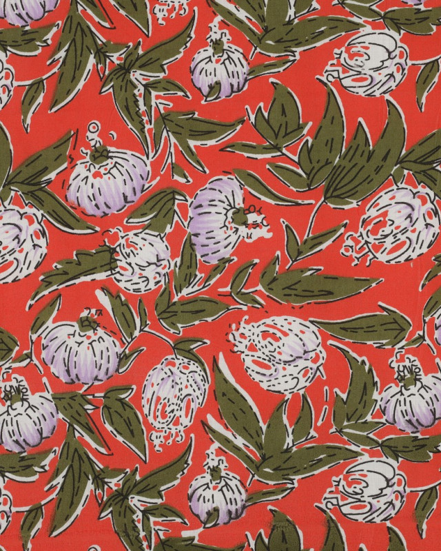 Tissu Coton Block Print Tangerine Motif Floral Indien - Mercerine