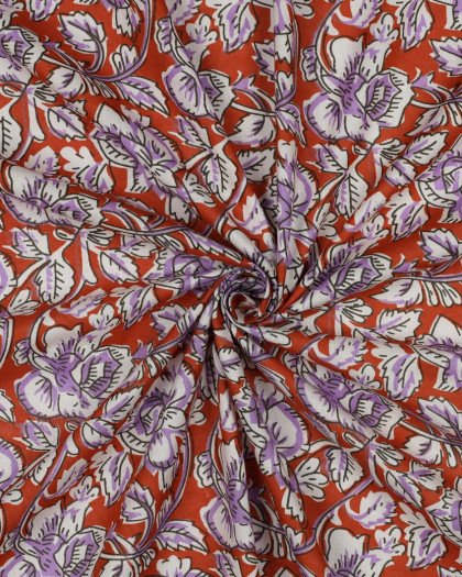 Tissu Indien Coton Bock Print Terracotta Motif Fleuri Lilas - Mercerine