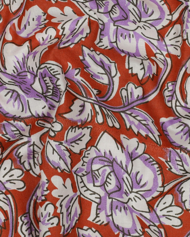 Tissu Coton Block Print Terracotta Motif Fleuri Lilas - Mercerine