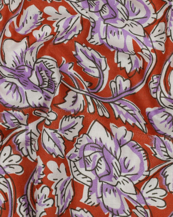 Tissu Coton Block Print Terracotta Motif Fleuri Lilas - Mercerine