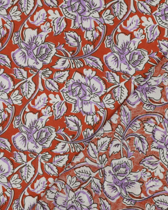 Tissu Coton Block Print Terracotta Motif Fleuri Lilas - Mercerine