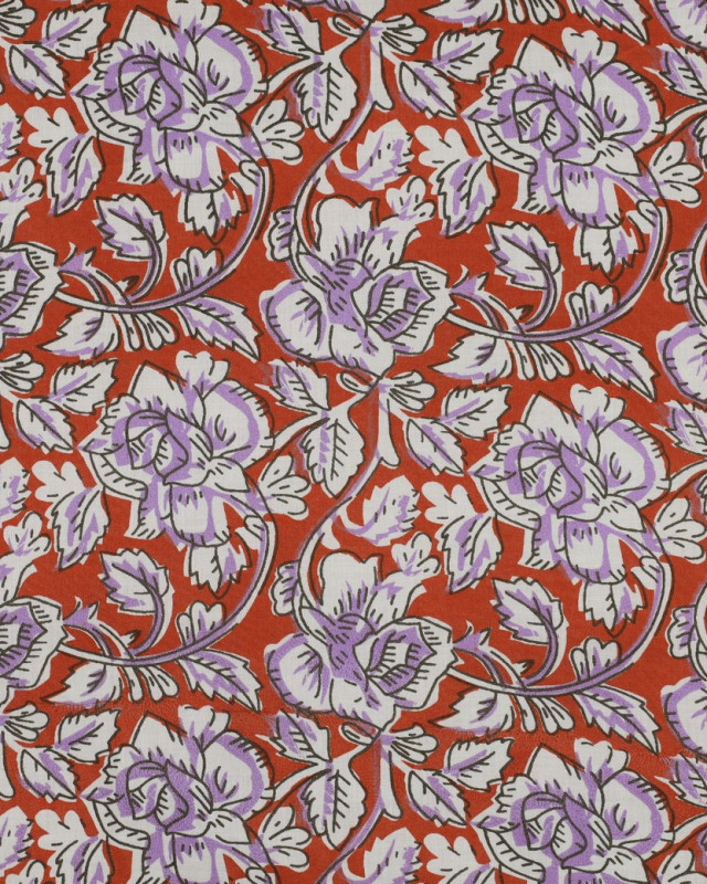 Tissu Coton Block Print Terracotta Motif Fleuri Lilas - Mercerine