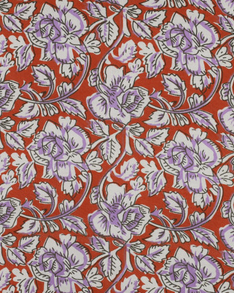 Tissu Coton Block Print Terracotta Motif Fleuri Lilas - Mercerine