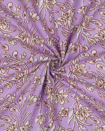 Tissu Indien Coton Bock Print Lilas Motif Fleuri - Mercerine