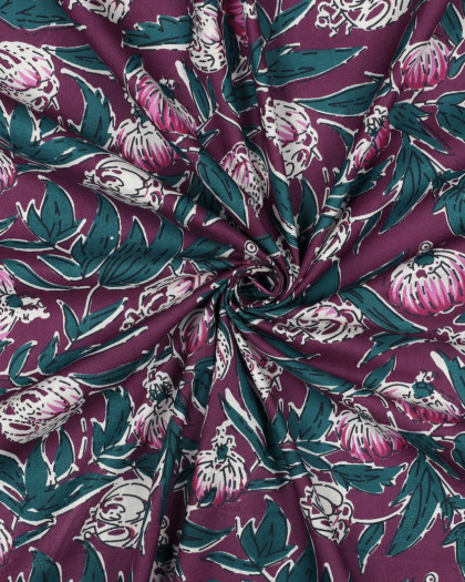 Tissu Indien Coton Bock Print  Aubergine Motif Floral - Mercerine