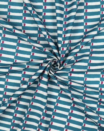 Tissu Indien Coton Bock Print  Petites Rayures Bleu Pétrole - Mercerine