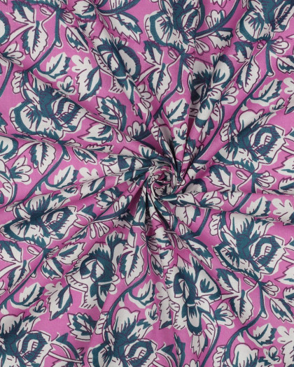 Tissu Indien Coton Bock Print Rose Bonbon Motif Floral - Mercerine