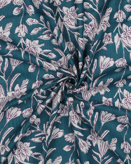 Tissu Indien Coton Bock Print Bleu Pétrole Motif Fleuri - Mercerine