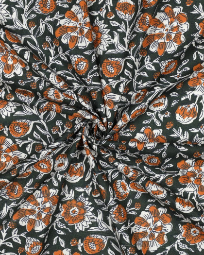 Tissu Indien Coton Bock Print Vert Bouteille Motif Fleuri Orange - Mercerine