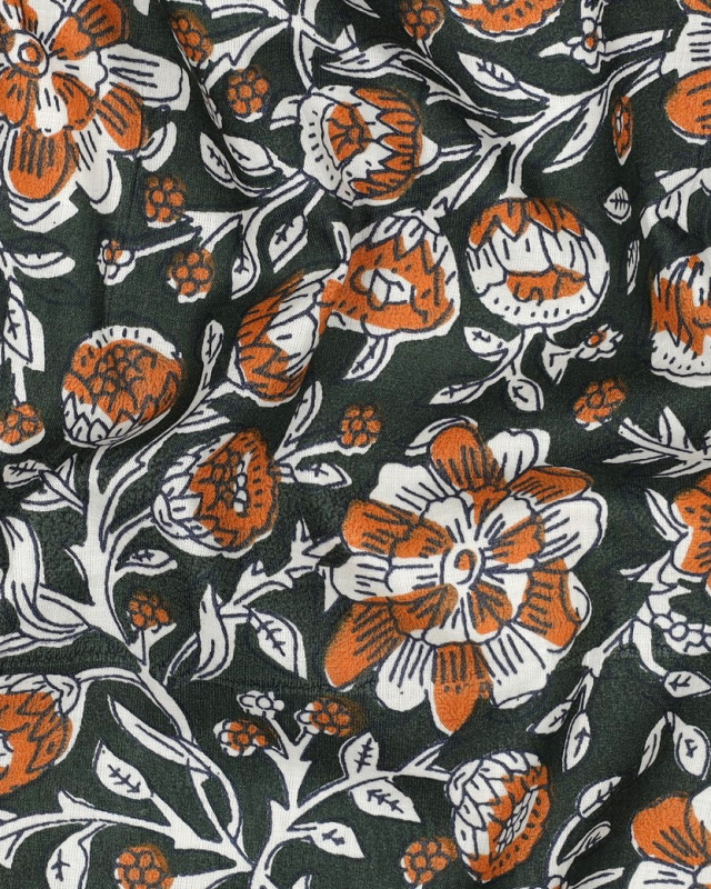 Tissu Coton Block Print Vert Bouteille Motif Fleuri Orange - Mercerine
