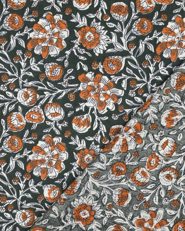 Tissu Coton Block Print Vert Bouteille Motif Fleuri Orange - Mercerine