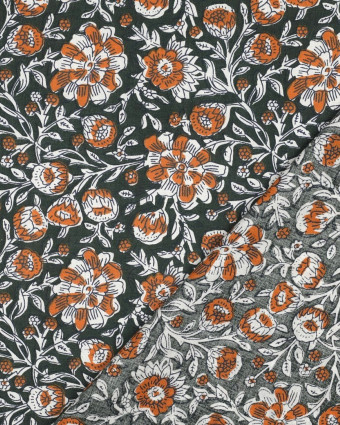 Tissu Coton Block Print Vert Bouteille Motif Fleuri Orange - Mercerine