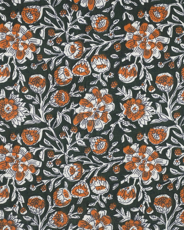Tissu Coton Block Print Vert Bouteille Motif Fleuri Orange - Mercerine