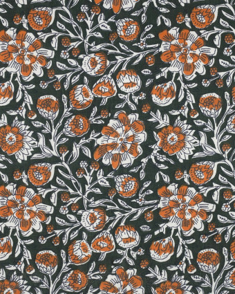 Tissu Coton Block Print Vert Bouteille Motif Fleuri Orange - Mercerine
