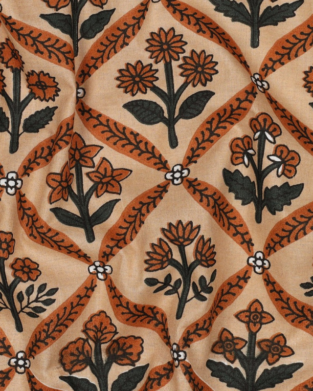 Tissu Coton Block Print Pêche Motif Fleuri - Mercerine