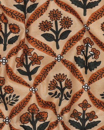 Tissu Coton Block Print Pêche Motif Fleuri - Mercerine