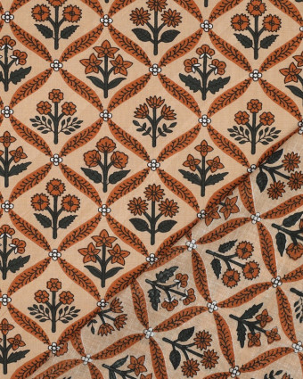Tissu Coton Block Print Pêche Motif Fleuri - Mercerine