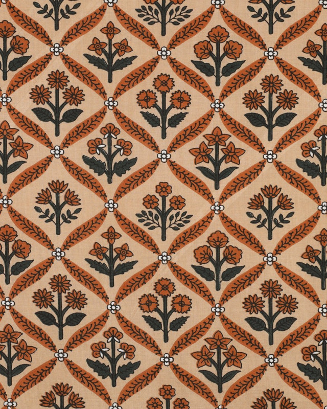 Tissu Coton Block Print Pêche Motif Fleuri - Mercerine