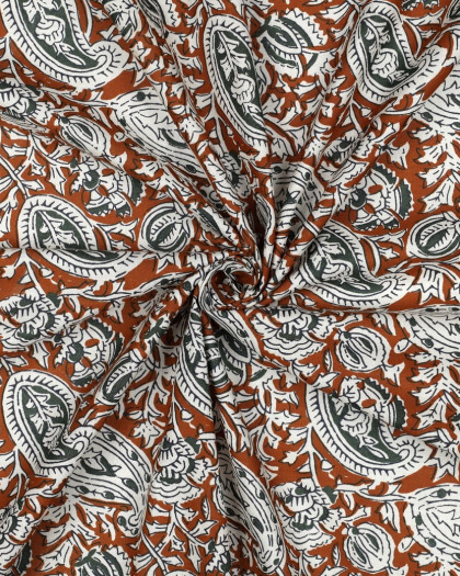 Tissu Indien Coton Bock Print Cognac Motif Floral - Mercerine