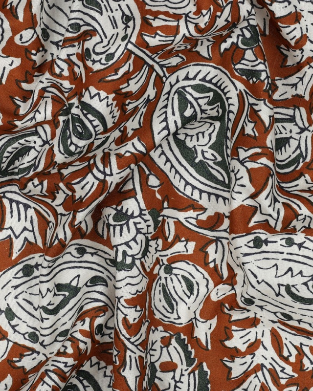 Tissu Coton Block Print Cognac Motif Floral - Mercerine