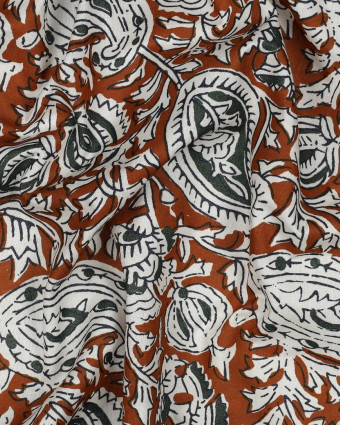 Tissu Coton Block Print Cognac Motif Floral - Mercerine
