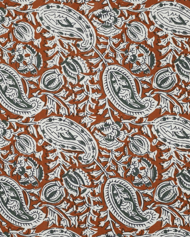 Tissu Coton Block Print Cognac Motif Floral - Mercerine