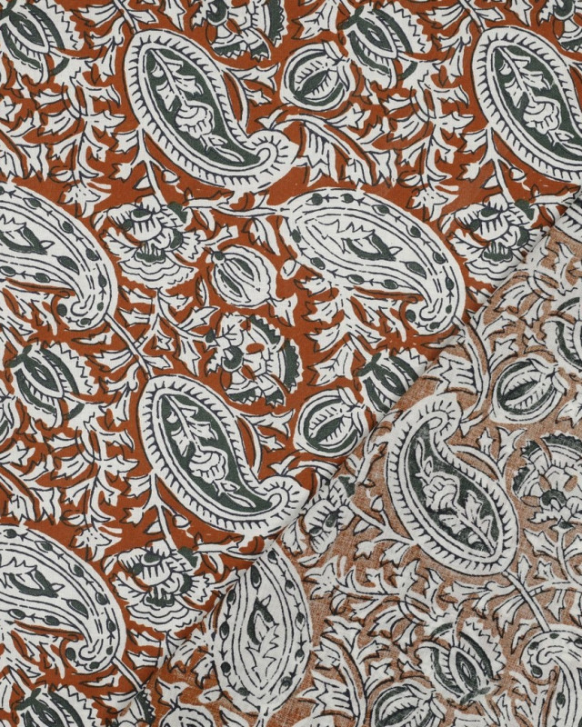 Tissu Coton Block Print Cognac Motif Floral - Mercerine