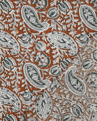 Tissu Coton Block Print Cognac Motif Floral - Mercerine