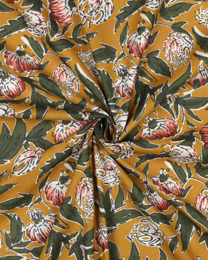 Tissu Indien Coton Bock Print Ocre Motif Floral - Mercerine