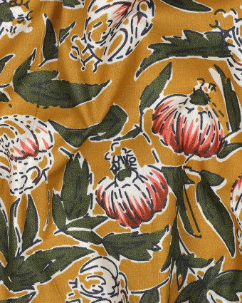 Tissu Coton Block Print Ocre Motif Floral - Mercerine