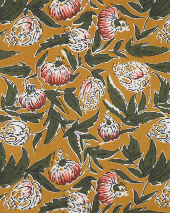 Tissu Coton Block Print Ocre Motif Floral - Mercerine