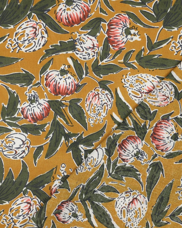 Tissu Coton Block Print Ocre Motif Floral - Mercerine