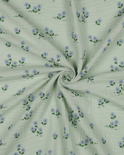 Tissu Double Gaze Vert d'eau Petites Fleurs - Mercerine