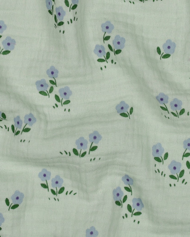 Tissu Double Gaze Vert d'eau Petites Fleurs - Mercerine