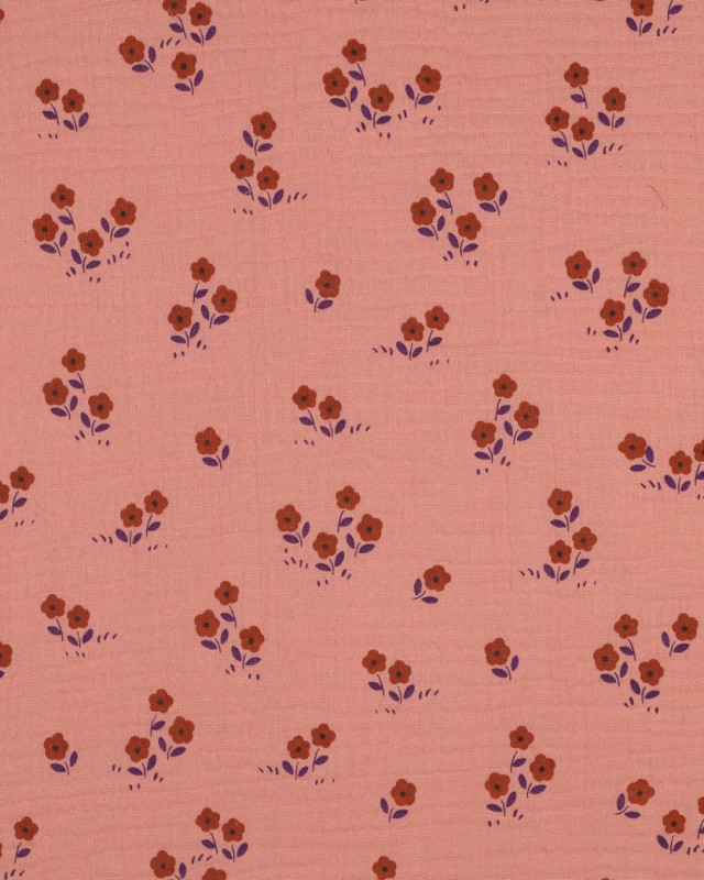 Tissu Double Gaze Pêche Petites Fleurs - Mercerine